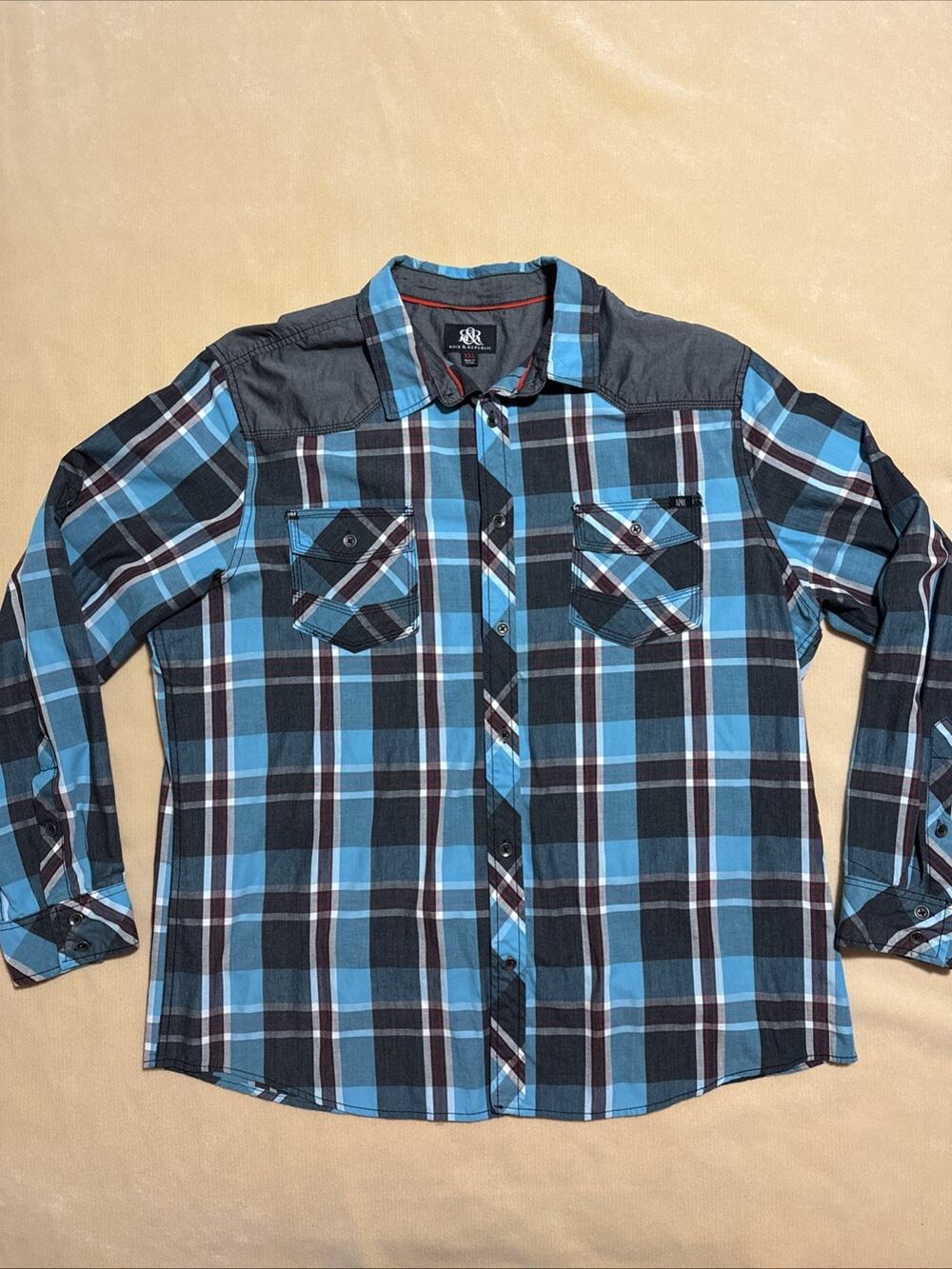 Rock & Republic Turquoise & Red Plaid Long Sleeved Button-Down Western Shirt XXL